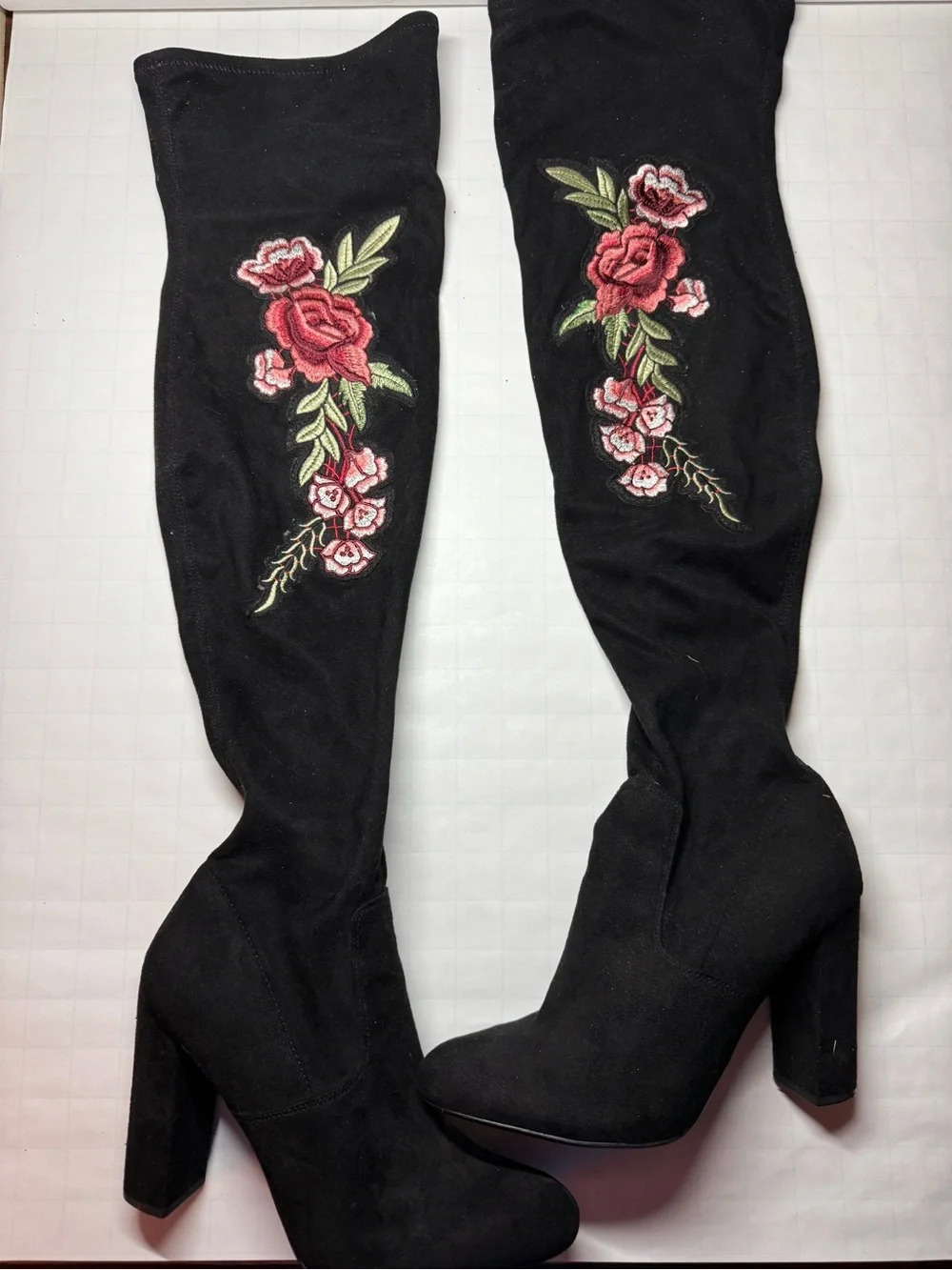 Black Over-the-Knee Boots with Red Rose Embroidery
